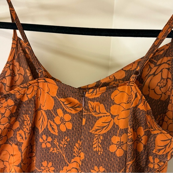 Suzy Shier Orange and Brown Elegant Floral Romper | One-piece Silk Jumpsuit - Picture 7 of 9